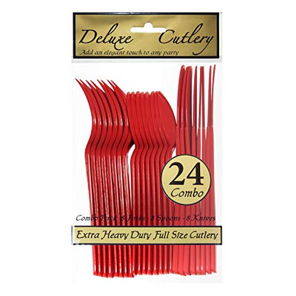 Party Essentials Extra Heavy Duty Hard Plastic Cutlery Combo Pack and Full Size Knives/Forks/Spoons, Red, 8 Place Setting-Count - color: Red, size: 24-Pieces/ 8-Place Settings