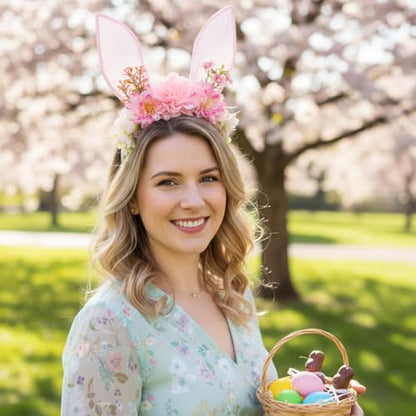 Women Easter Bunny Ears Headband Flowers Crown Rabbit Ears Party Headwear - color: pink