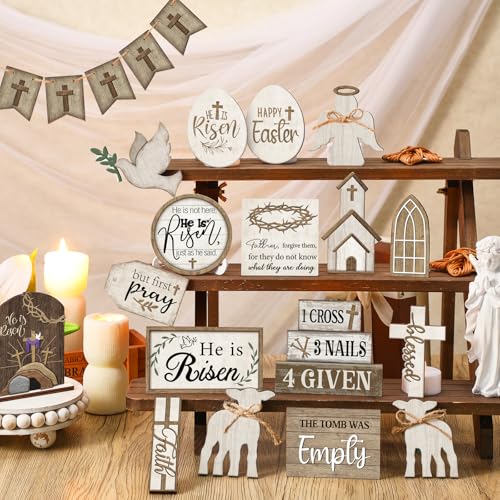Yuntau 24 Pcs Easter Tiered Tray Decor Religious Easter Decorations He is Risen Cross Tray Decoration Sets Christian Cross Table Wooden Sign Farmhouse Table Decor for Home Kitchen Office Holiday - style: Rustic