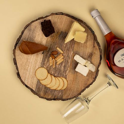 GoCraft Wooden Round Cutting Board with Tree Bark Rim | 1.5" Thick Mango Wood Live Edge Chopping, Prep, Serve Board | Charcuterie Platter - 12.75"