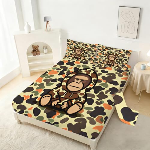 Camouflage Fitted Sheet Set Full for Kids Men Cartoon Gorilla Print Sheet Sets Camo Monkey Bed Sheet Boys Streetwear Style Bedspread 1 Fitted Sheet + 1 Flat Sheet + 2 Pillowcases - color: Camo, size: Full