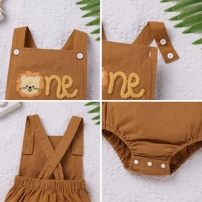 IMEKIS Baby Girls Boys Boho 1st Birthday Outfit Backless Overalls Romper for Cake Smash Photo Shoot - color: Brown Lion One, size: 9-12 Months