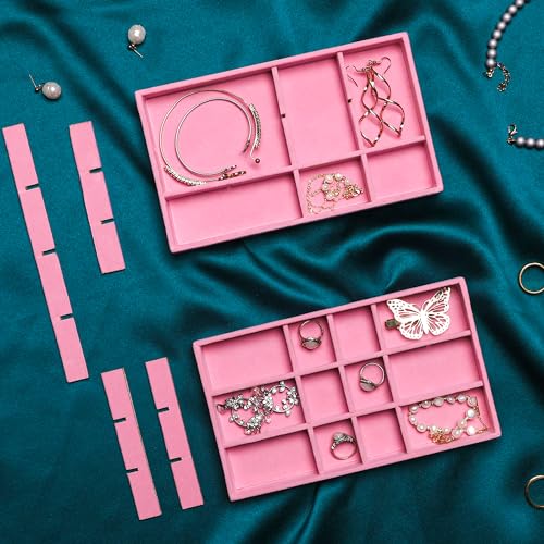 Frebeauty Jewelry Organizer Tray,Stackable Velvet Jewelry Trays,Drawer Inserts Earring Organizer For Women Jewelry Storage Display Case for Rings Stud Necklaces,8.3 x 4.9 x 1 Inches (Pink) - color: Pink, size: Set 9