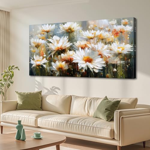 LKY ART Large Wall Art Floral Canvas Print White Daisy Greenish-blue and Orange Flowers Pattern for Living Room Bedroom Home Office Wall Decoration 30" x 58" - color: white, size: 58"L x 30"W