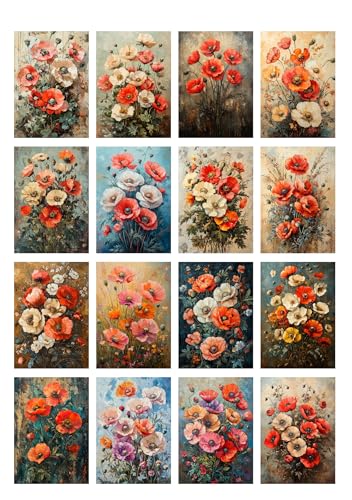 Decoupage Paper Pack (35 Sheets 6"x8") Poppy Bloom: Vibrant Red, White and Orange Poppies in Artistic Arrangements with Soft Textures and Rustic Backgrounds FLONZ Vintage - color: Eleven