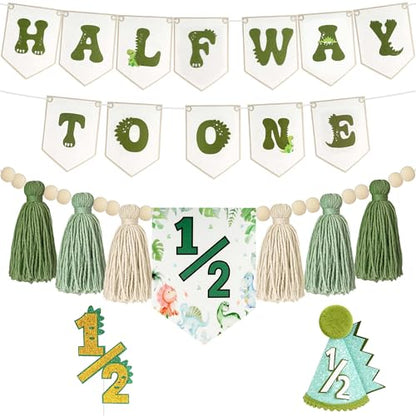 THAWAY 1/2 Birthday Dinosaur Half Birthday Decorations - Green It's My 1/2 Birth Banner Glitter Cake Topper Tassel Wood Bead High Chair Banner & Cone, Hat Halfway to One Party Supplies - color: Dinosaur Green
