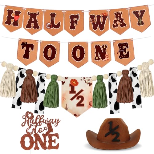 1/2 Birthday Boy Half Birthday Decorations - Western Cowboy Half Way to One Banner, My First Rodeo Birthday Hat, Cake Topper, Tassel Chair Banner for Boys 6 Months Birthday Decorations Party Supplies - color: Cowboy Brown
