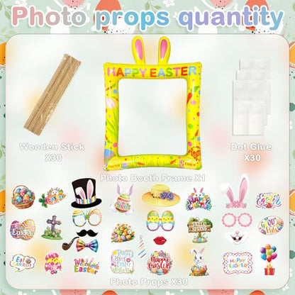 Happy Easter Inflatable Photo Frame & Props Set, 30Pcs Easter Photo Props with Giant Inflatable Picture Frame for Easterday Party Selfie Supplies - color: Easter