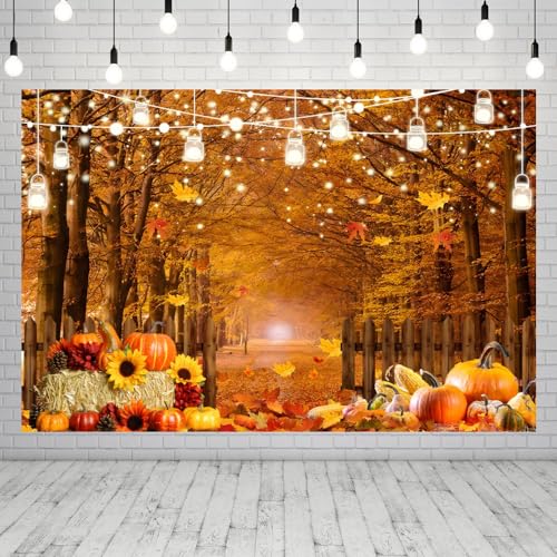 Fall Thanksgiving Backdrop for Photography 10x8ft Autumn Forest Maple Leaves Pumpkin Wood Fence Haystack Photo Backdrop Farm Harvest Thanksgiving Party Background Decor Kids Adult Photo Props