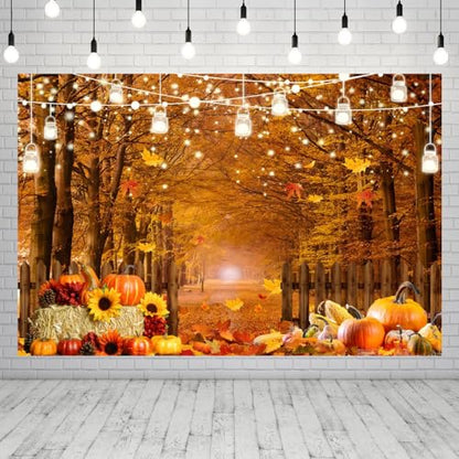 Fall Thanksgiving Backdrop for Photography 10x8ft Autumn Forest Maple Leaves Pumpkin Wood Fence Haystack Photo Backdrop Farm Harvest Thanksgiving Party Background Decor Kids Adult Photo Props
