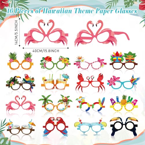 Jenaai Hawaiian Photo Booth Props Kit Luau Party Decorations 1 Hawaiian Photo Booth Frame 16 Summer Paper Eyeglasses Pool Party Selfie Props for Tropical Hawaii Luau Beach Tiki Decoration Supplies
