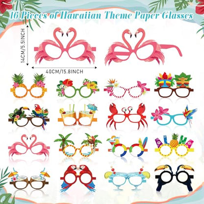 Jenaai Hawaiian Photo Booth Props Kit Luau Party Decorations 1 Hawaiian Photo Booth Frame 16 Summer Paper Eyeglasses Pool Party Selfie Props for Tropical Hawaii Luau Beach Tiki Decoration Supplies