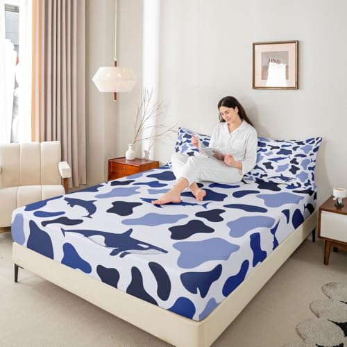 Manfei Sea Animal Camo Fitted Sheet Full Size,Sharks and Whales Camouflage Bedding Set 3pcs,Blue Ocean Camo Bed Sheets with 2 Pillowcases,Kids Boys Girls Room Decor,Soft Deep Pocket Bedding(No Flat) - color: Blue, size: Full (54*75*16")