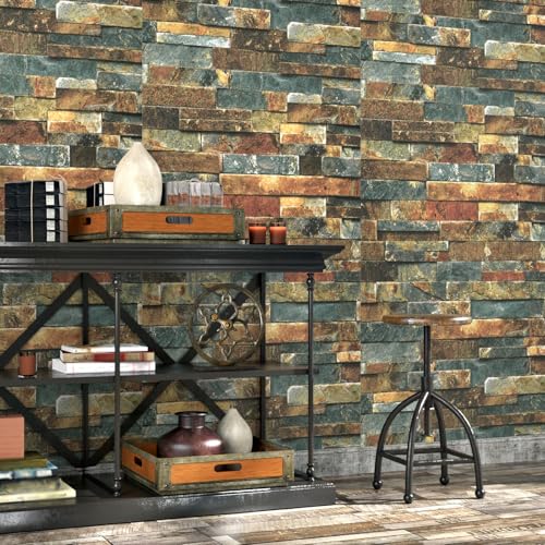 Wallercity Blue/Brown Brick Wallpaper Peel and Stick Stone Wallpaper Self Adhesive Faux 3D Rock Wallpapers for Walls Backdrop 15.8''x315'' Waterproof Bricks Contact Paper for Fireplace Kitchen Bedroom - color: Blue/Brown, size: 15.8" x 315"