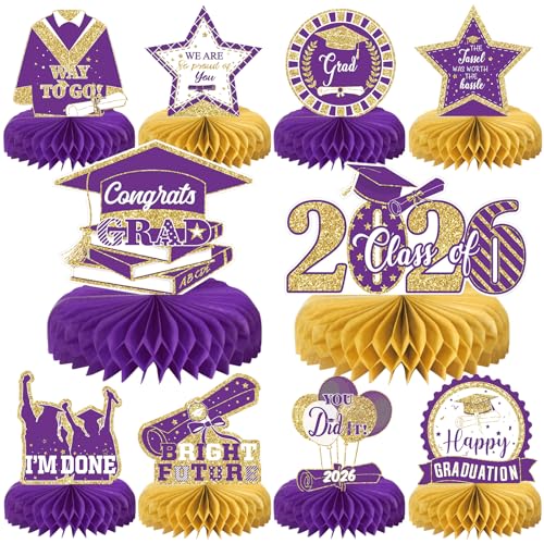 10PCS Graduation Party Decorations Class of 2026 Congrats Grad Table Centerpieces Congratulate Graduation Honeycomb Table Toppers for Graduation Party Supplies(Pueple Gold) - color: Pueple Gold