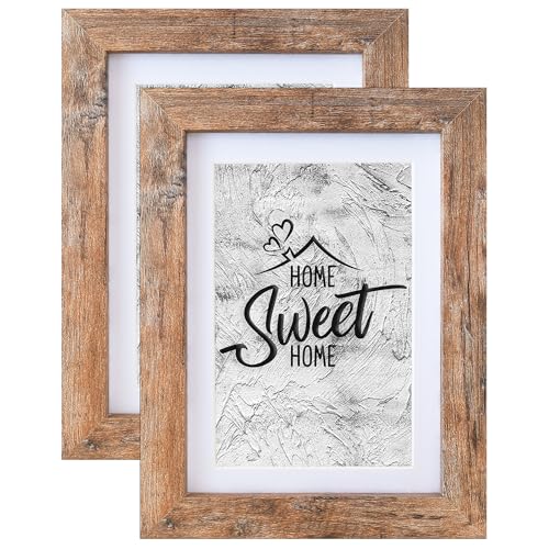 Califortree 2 Pack Rustic Brown 5x7 Wood Picture Frame, 4x6 Photo Display with Mat, Shatterproof Plexiglass, Wall & Tabletop Multi-Direction Display - size: 5x7-2Pack