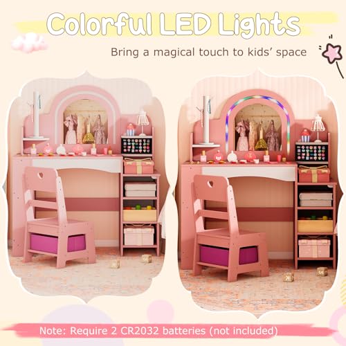 Costzon Kids Vanity, Girls Vanity Set with Lighted Mirror, Bookshelf, Jewelry Storage, Toddler Makeup Vanity Desk Dressing Table, Wooden Kids Vanity Table and Chair Set (Pink) - style: Pink