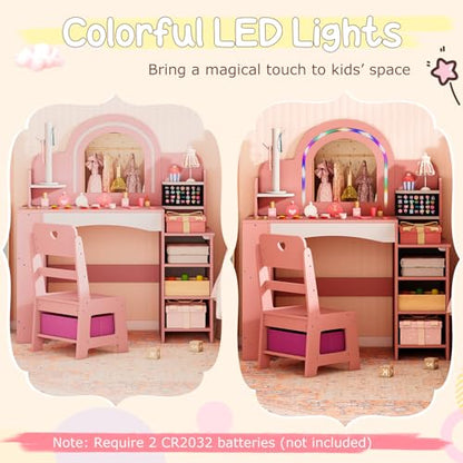 Costzon Kids Vanity, Girls Vanity Set with Lighted Mirror, Bookshelf, Jewelry Storage, Toddler Makeup Vanity Desk Dressing Table, Wooden Kids Vanity Table and Chair Set (Pink) - style: Pink