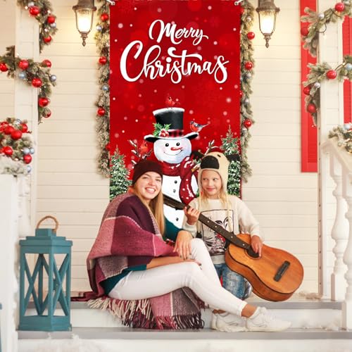 Irenare Christmas Front Door Cover Merry Christmas Door Decorations Red Snowman Xmas Tree Backdrop Banner Winter Holiday Background for Porch Wall Xmas Party Supplies, 70.9" X35.4" - style: Snowman