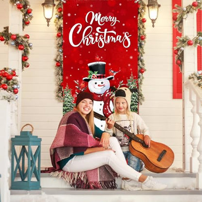 Irenare Christmas Front Door Cover Merry Christmas Door Decorations Red Snowman Xmas Tree Backdrop Banner Winter Holiday Background for Porch Wall Xmas Party Supplies, 70.9" X35.4" - style: Snowman