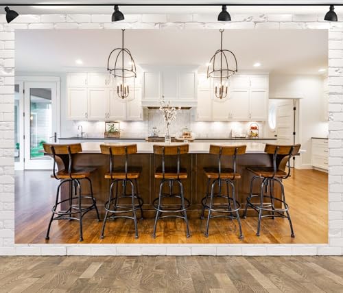 12x8ft Fabric Modern Farmhouse Kitchen Backdrop Rustic Kitchen White Cabinets Island Countertop with Bar Stools Background for Home Cooking Food Party Decorations Photo Props - size: 12x8FT