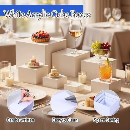 6 Pcs Buffet Risers, Food Risers for Buffet Table, White Acrylic Cube Boxes Display with Hollow Bottoms Display Stand Shelf for Party Cake Dessert Catering Jewelry Collectibles (3"4"5"6"7"8'')