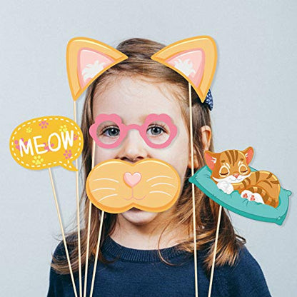 25Pcs Cat Photo Booth Props with Stick, Kitty Theme Selfie Props, Meow Birthday Party Supplies, Photography Backdrop Decorations