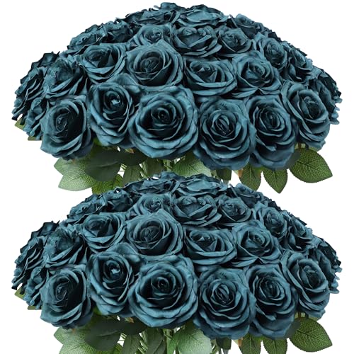 LVEFIT 50pcs Artificial Rose Flower Dark Green Rose Emerald Green Flower with Long Stem Silk Roses Bouquet for Wedding Bridal Shower Party Home Decoration - color: Emerald Green, size: 50pcs