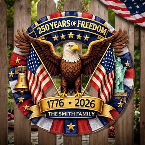 Personalized 250th Anniversary Patriotic Wood Wreath Door Sign 1776-2026, Custom Family Name Round Door Hanger, Independence Decor, Decoration Gifts, Gift For Mom, Dad, Brother, Family /11 - color: Design 11