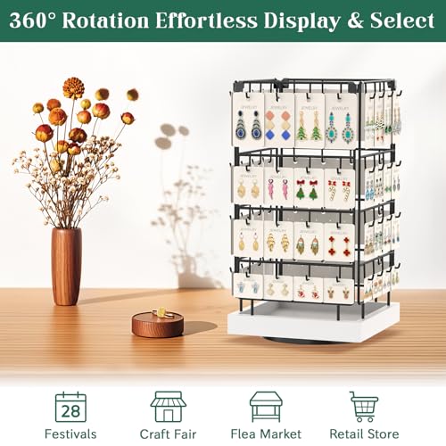 EsLuker.ly Rotating Earring Display Holder Stand for Vendors Events Selling, Large Capacity 64 Hooks Jewelry Rack with Wooden Base for Earring Card Sales, Enhances Retail Display Visibility - color: White+Black