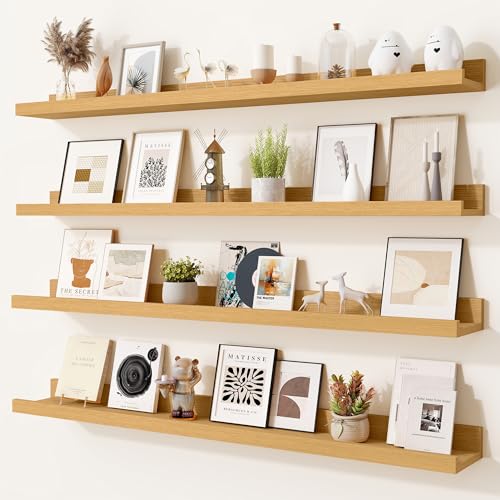 Heimlove Picture Ledge Shelf,36 inch Long Floating Shelves for Wall Set of 4,Picture Shelf with Lip for Wall Decor,Living Room,Bedroom,Bookshelf,Nursery,Perfume,Oak Color - color: Natural Oak, size: 36'', Set of 4