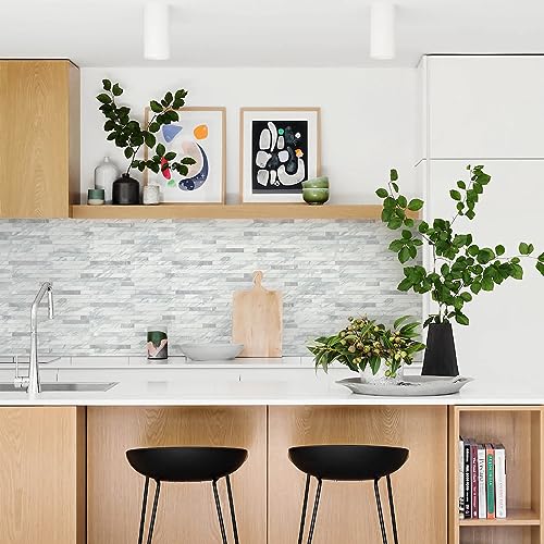 STICKGOO 20 Sheets Peel and Stick Backsplash Tile, Stick on Backsplash for Kitchen and Bathroom, Volakas White Look PVC Mixed Metal Silver Self Adhesive Wall Tiles - color: Volakas White + Metal Silver