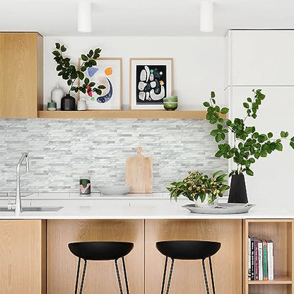 STICKGOO 20 Sheets Peel and Stick Backsplash Tile, Stick on Backsplash for Kitchen and Bathroom, Volakas White Look PVC Mixed Metal Silver Self Adhesive Wall Tiles - color: Volakas White + Metal Silver