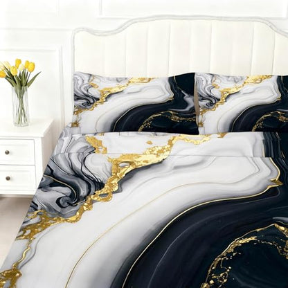 Black Gold Marble Sheets Sets Twin Size Elegant Marbling Fitted Sheet Set 3D Marble Bed Sheet for Kids Teens Adults Modern Bedspread 1 Fitted Sheet+1 Flat Sheet+1 Pillowcase - color: 3d Marble, size: Twin