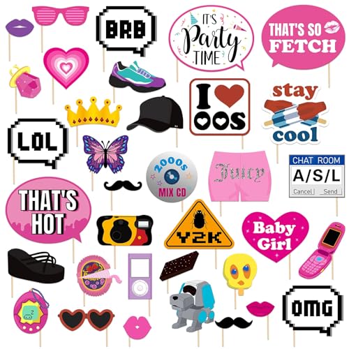 35Pcs 2000s Party Photo Booth Props 00s Party Decorations 2000's Theme Birthday Party Supplies Vintage Retro Y2K Party Decor