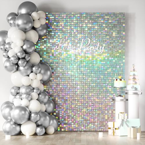 COKAOBE Iridescent Silver Shimmer Wall Backdrop, 24 Panels Square Sequin Shimmer Backdrop, Photo Backdrops for Birthday, Anniversary, Wedding, Graduation & Bachelorette Party Decoration - color: Rainbow Silver, size: 24pcs (6x4ft)