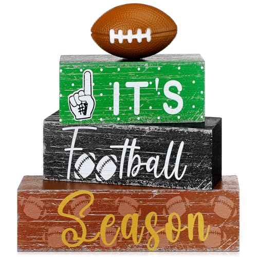 Geelin 4 Pcs Football Table Decorations Football Tiered Tray Decor Wooden Sign Centerpiece Decorative Faux Stack Book Block for Coffee Table Fireplace Mantel Floating Shelf - style: Football