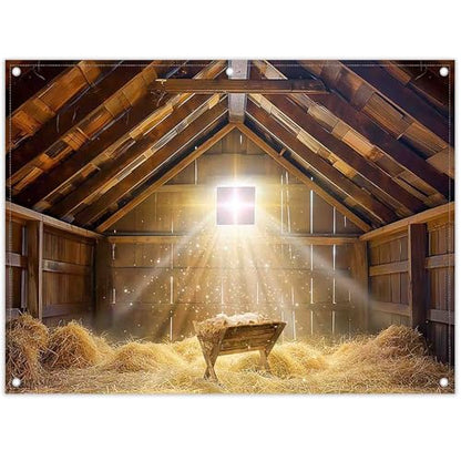 8x6ft Fabric Christmas Manger Scene Backdrop Birth of Jesus Nativity Holy Family Photography Background Barn Stable Christian Party Decor Photo Props - size: 8'x6'