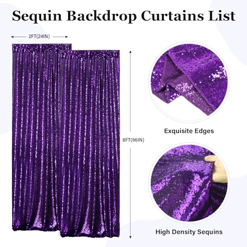 PartyDelight Purple Sequin Backdrop Curtains 2x8ft 2 Panels - High Density 3mm Shimmer Sequin Background Sparkly Photography Drapes for Royal Theme, Carnival & Magical Party & Event Decor - color: Purple, size: 24"W x 96"L (Pack of 2)