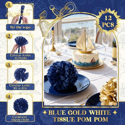 NICROLANDEE Wedding Party Decorations - 12 PCS Navy Blue and Gold Tissue Paper Pom Poms for Colleage Graduation, Baby&Bridal Shower, Birthday, Bachelorette Party, Engagement Party, Anniversary Party - style: Navy Blue