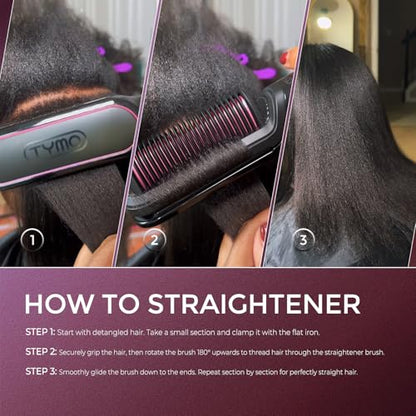 TYMO Flat Iron Hair Straightener Brush 2 in 1, 200M Ions Hair Straighteners for Women, Ceramic Straightening Hot Comb for Anti-Frizz Straights, Waves, Curl, 3X Less Heat Damage, Dual Voltage, Black