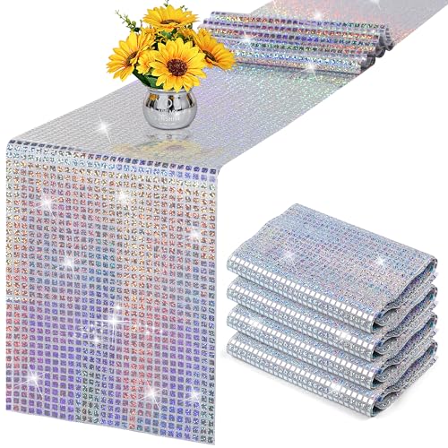 Aneco 2 Pack Disco Party Table Runner 11 x 108 Inch Mirror Silver Laser Glitter Foil with Sparkle Sequin Table Runner for Bachelorette 70s 80s Party Home Table Decorations - color: Silver Laser