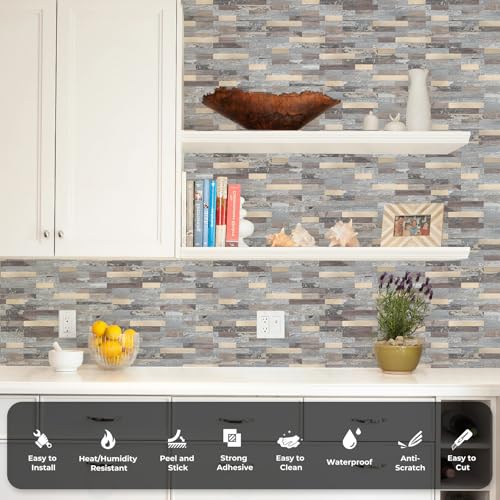 STICKGOO Peel and Stick Backsplash, PVC Wall Tiles Stick on Backsplash for Kitchen(10 Sheets, Distressed Wood with Metal Gold) - color: Distressed Wood with Metal Gold