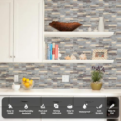 STICKGOO Peel and Stick Backsplash, PVC Wall Tiles Stick on Backsplash for Kitchen(10 Sheets, Distressed Wood with Metal Gold) - color: Distressed Wood with Metal Gold