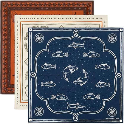 The Peacock Crew Premium Soft Cotton Bandanas Pack for Men and Women Paisley 22 x 22 inches - color: 3 Pack Hiker Western Fish