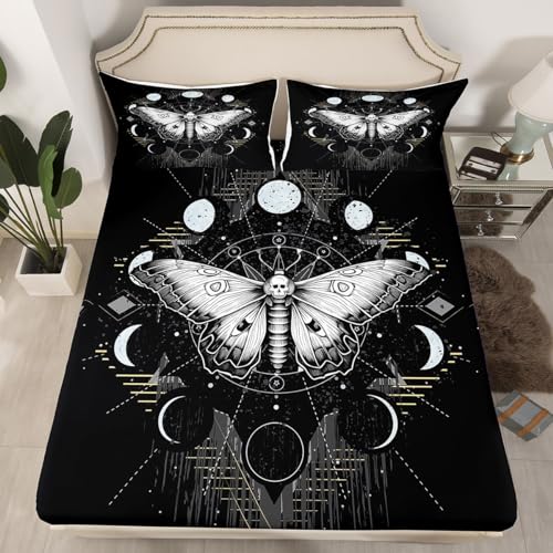 Manfei Death Moth Fitted Sheet Twin Size, Gothic Skull Moth Bedding Set, Bohemian Moon Bed Cover with 1 Pillowcase, Kids Boys Girls Room Decor, Soft Polyester Bedding(No Top Sheet) - color: Black Grey, size: TWIN (W39*L75*H16")