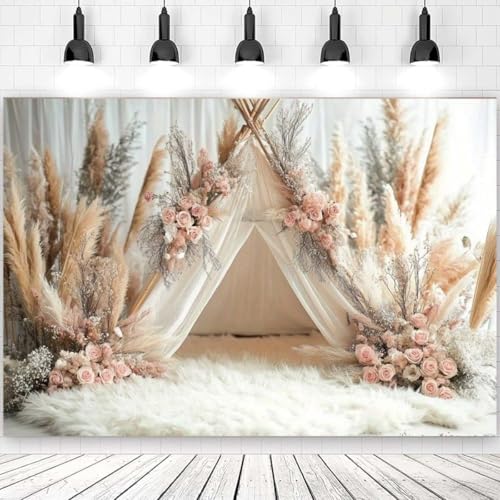 Boho Flowers Tent Photography Backdrops Pink Bohemian Style Girl Birthday Party Decorations 1st Birthday Party Baby Shower Cake Smash Backdrop Photo Studio Photography Props (6x4ft) - size: 6x4ft