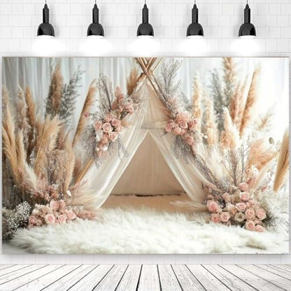 Boho Flowers Tent Photography Backdrops Pink Bohemian Style Girl Birthday Party Decorations 1st Birthday Party Baby Shower Cake Smash Backdrop Photo Studio Photography Props (6x4ft) - size: 6x4ft