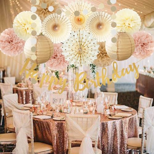 Champagne Gold Beige Birthday Decorations for Women Girls, Dusty Pink Party Decorations Cream Tissue Pom Poms Fans, Paper Lanterns, Anniversary Baby Shower Fall Boho Birthday Party Decoration