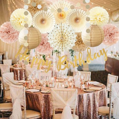 Champagne Gold Beige Birthday Decorations for Women Girls, Dusty Pink Party Decorations Cream Tissue Pom Poms Fans, Paper Lanterns, Anniversary Baby Shower Fall Boho Birthday Party Decoration